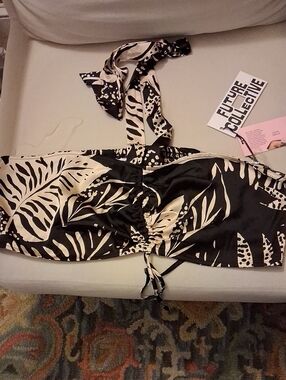 Black & Cream Tropical Print Strapless Bustier Top